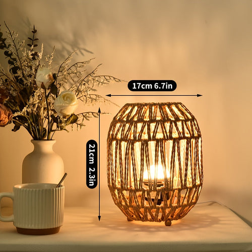 Lampada da Tavolo Bohemien in Rattan – Accento di Luce Fatta a Mano per Camera da Letto o Soggiorno