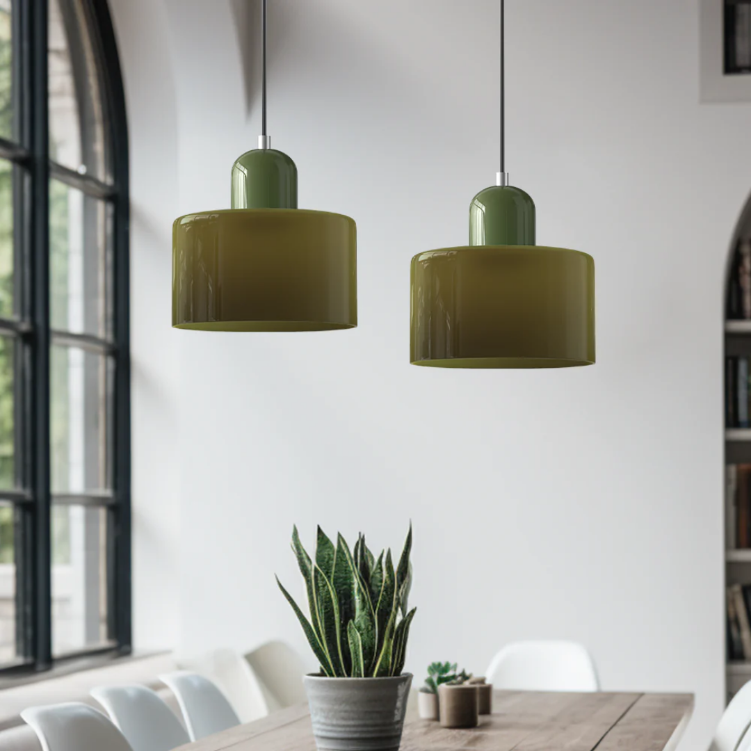 Tusa – Lampada a sospensione retro con cupola di vetro arancione e parte superiore verde