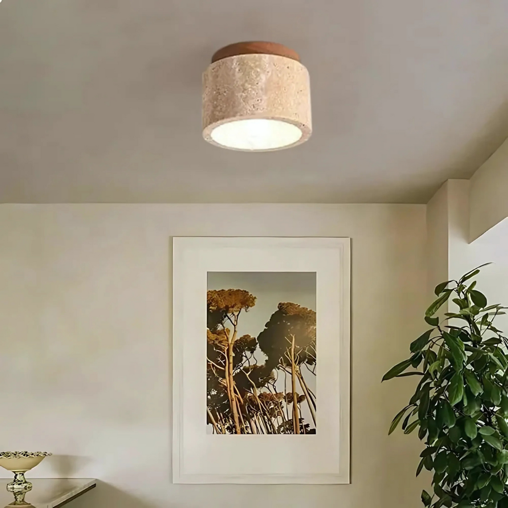 Radia - Lampada da Soffitto Cilindrica in Travertino con Accento in Legno