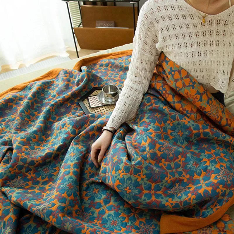 Coperta in Cotone a Sei Strati con Motivo Blu – TerraLoom Coperta Comfort