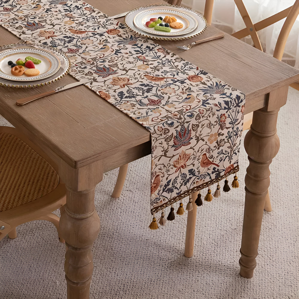 Runner da Tavola Jacquard Vintage con Fiori e Uccelli