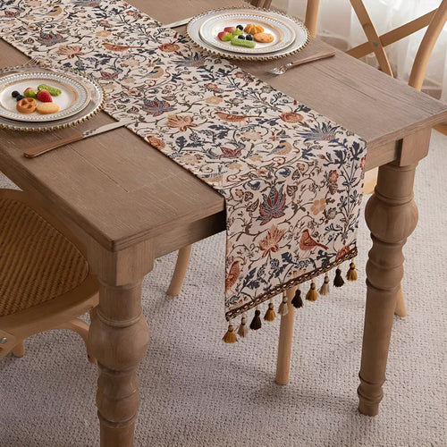 Runner da Tavola Jacquard Vintage con Fiori e Uccelli