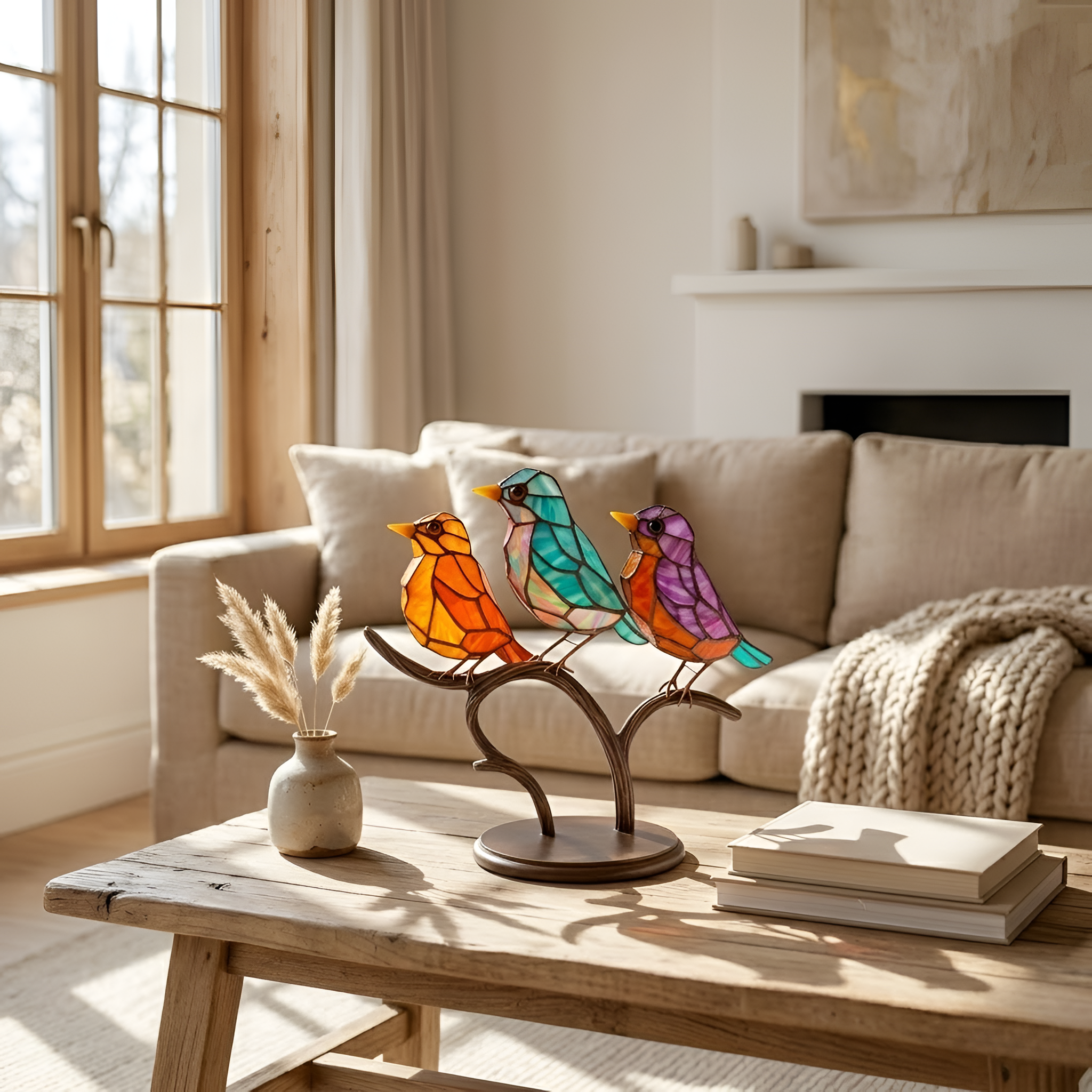 Gabriel - Decorazione colorata in acrilico con ramoscello e uccellino