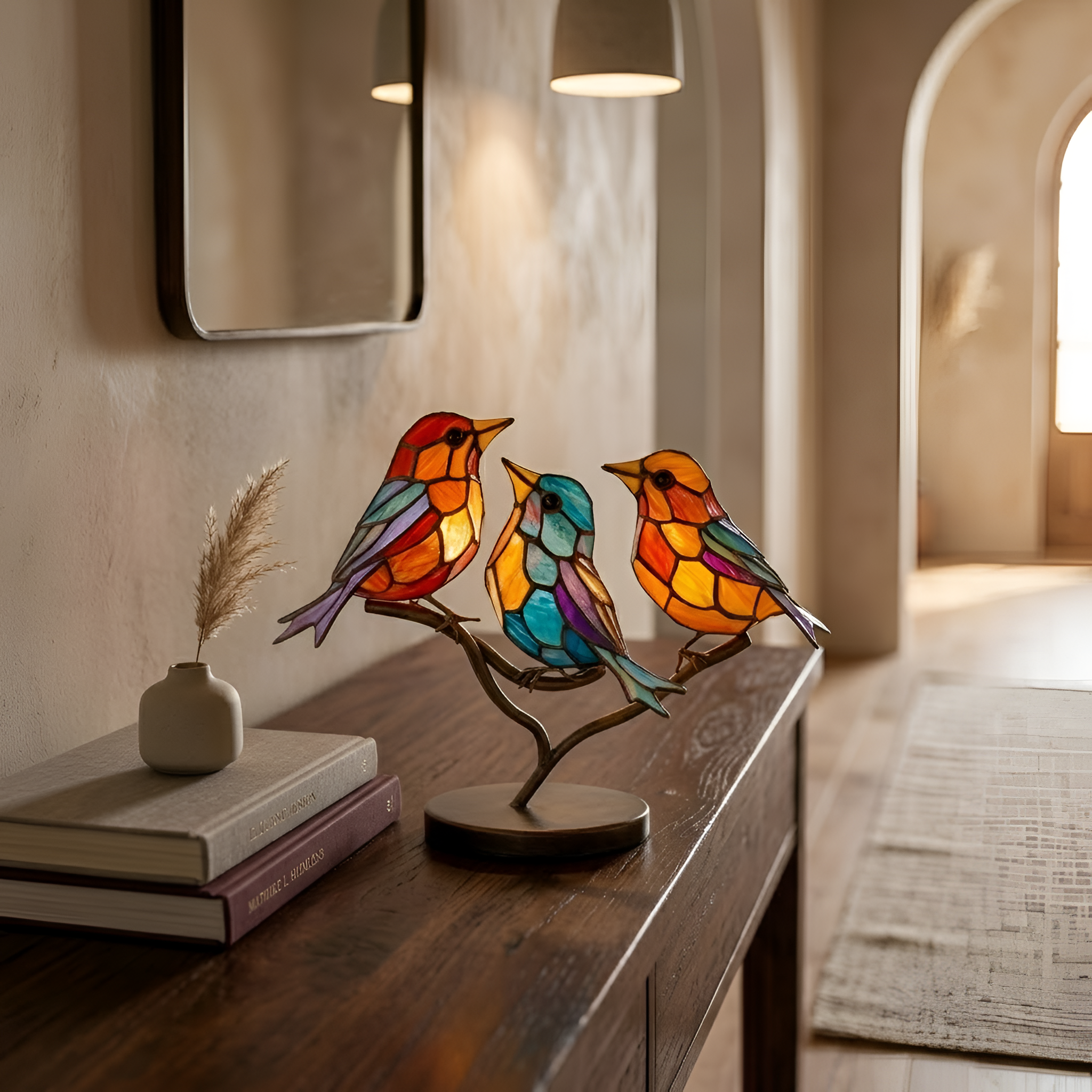 Gabriel - Decorazione colorata in acrilico con ramoscello e uccellino
