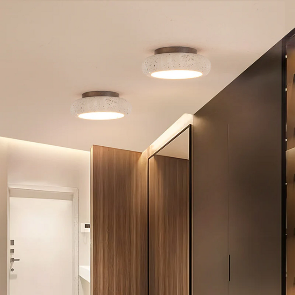 Rava - Lampada da soffitto retro in travertino con accenti in legno