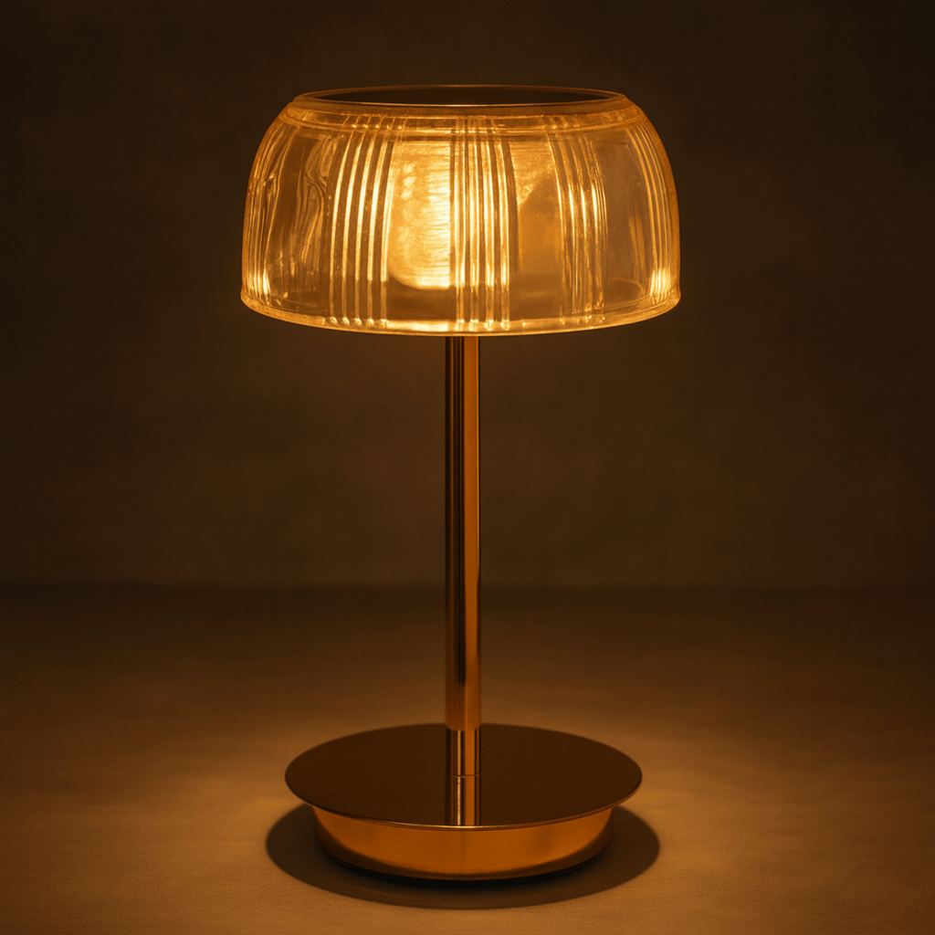 Lampada da Tavolo LED Ricaricabile con Paralume Rigato e Base in Metallo
