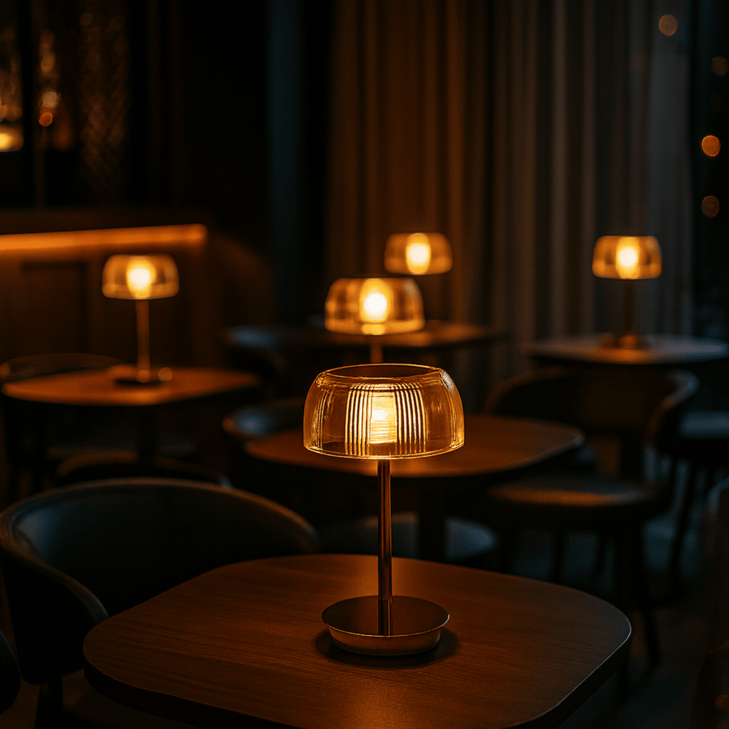 Lampada da Tavolo LED Ricaricabile con Paralume Rigato e Base in Metallo