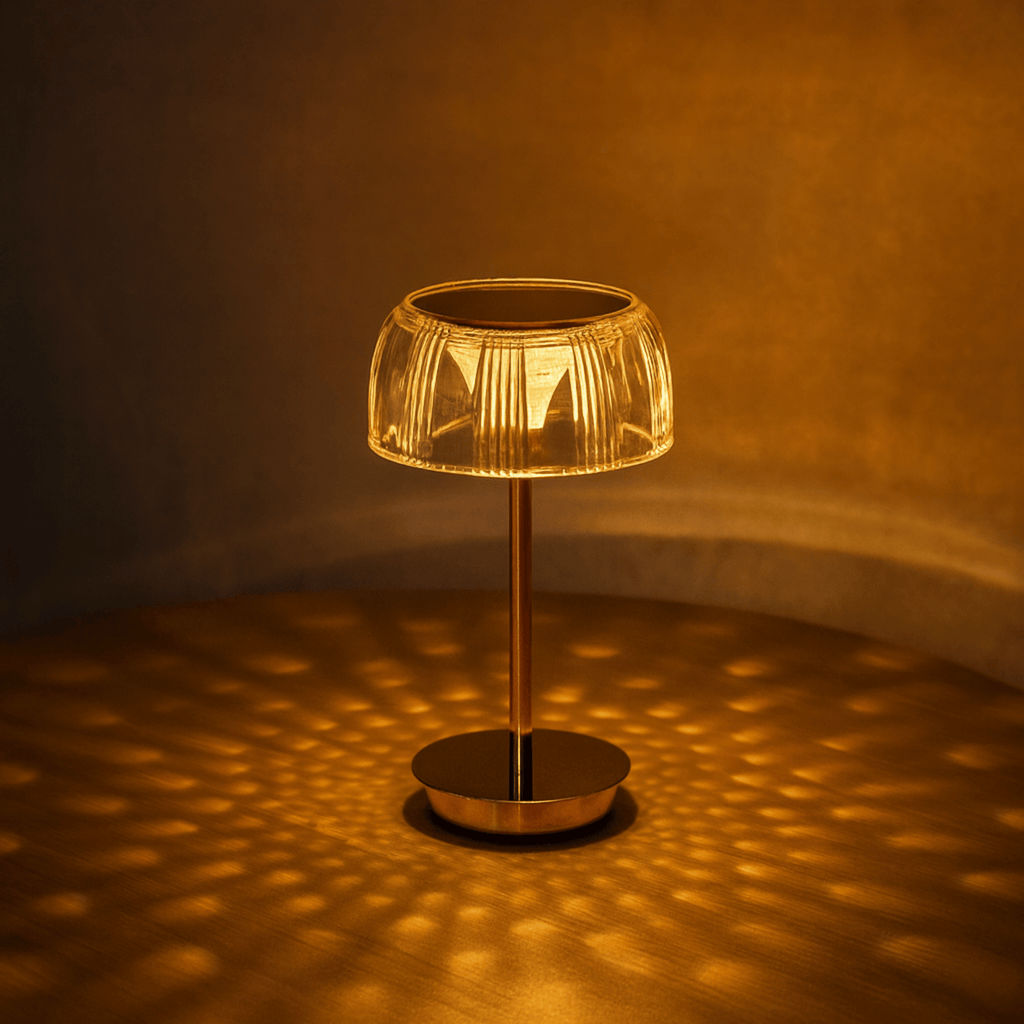 Lampada da Tavolo LED Ricaricabile con Paralume Rigato e Base in Metallo