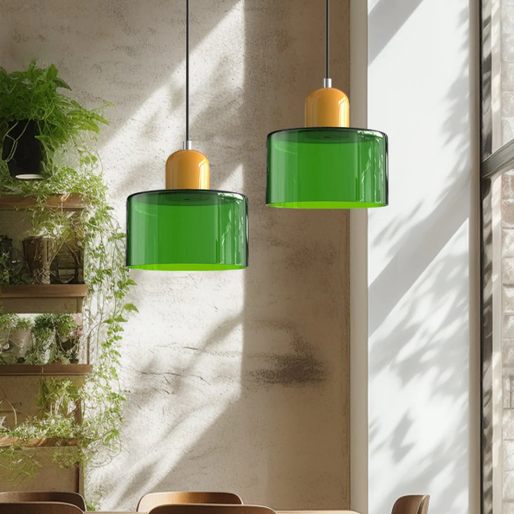 Tusa – Lampada a sospensione retro con cupola di vetro arancione e parte superiore verde