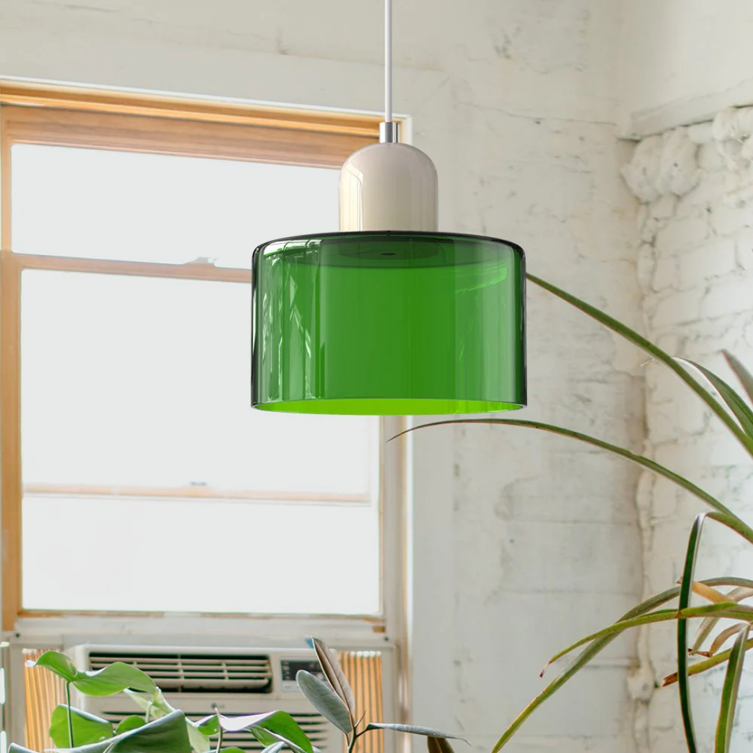 Tusa – Lampada a sospensione retro con cupola di vetro arancione e parte superiore verde