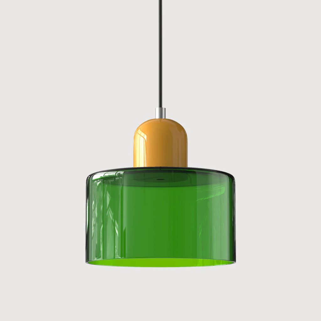 Tusa – Lampada a sospensione retro con cupola di vetro arancione e parte superiore verde