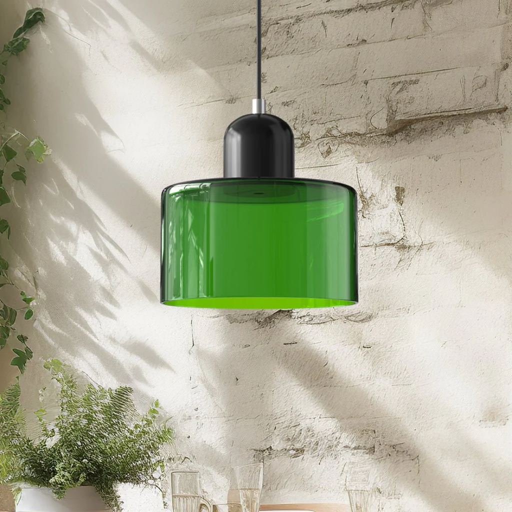 Tusa – Lampada a sospensione retro con cupola di vetro arancione e parte superiore verde