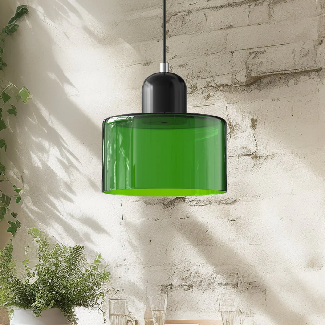 Tusa – Lampada a sospensione retro con cupola di vetro arancione e parte superiore verde