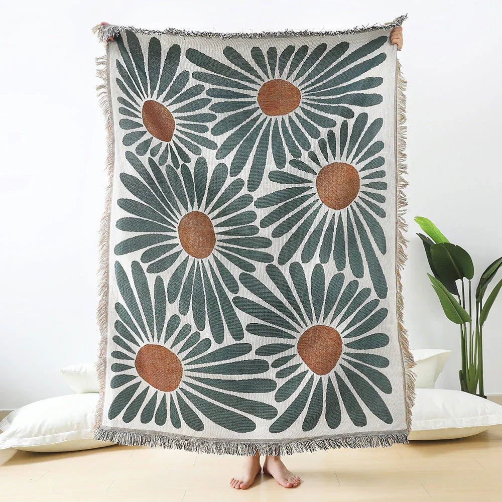 Coperta Woven Boho con Fiori di Margherita