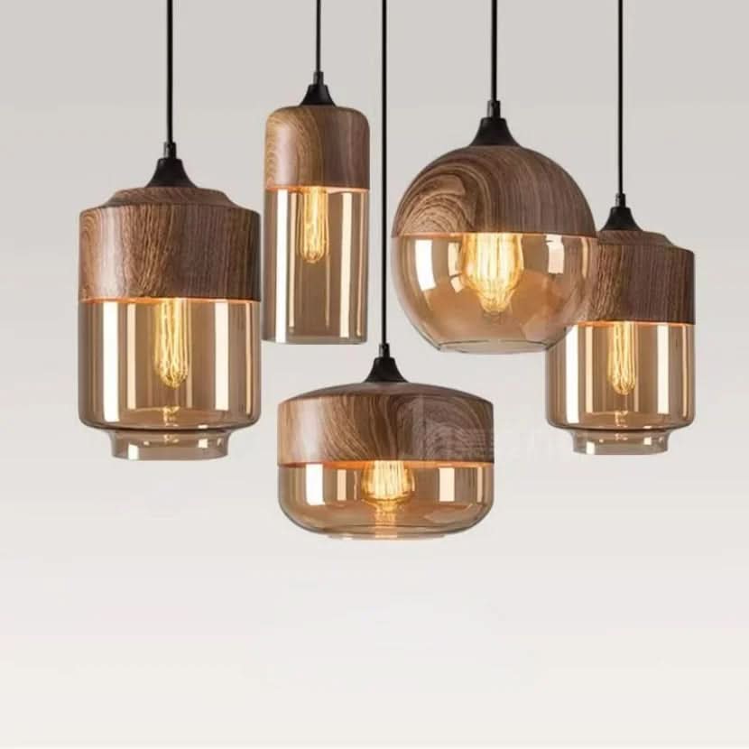 Lampada a Sospensione in Vetro Soffiato e Legno Regolabile