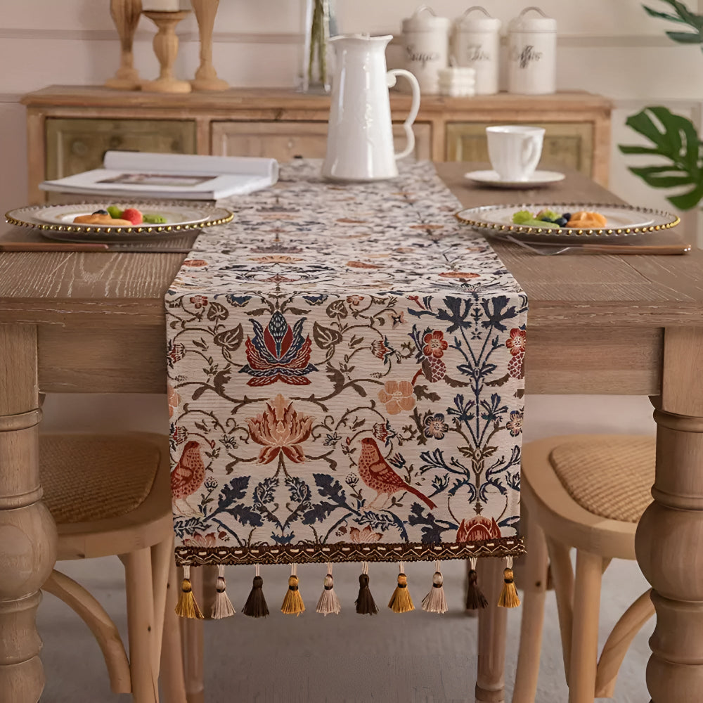 Runner da Tavola Jacquard Vintage con Fiori e Uccelli