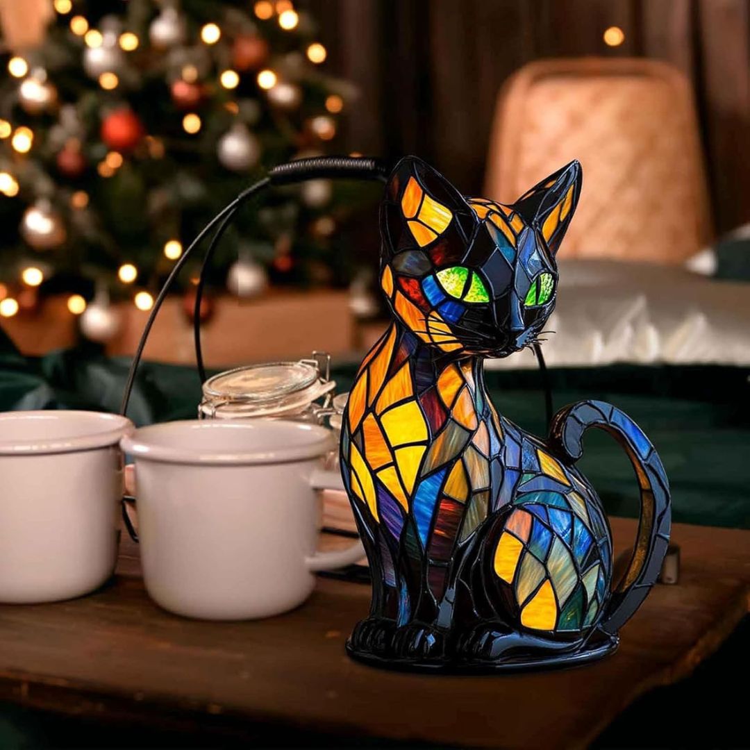 Lampada decorativa a forma di gatto con design a mosaico e luce ambiente calda – Decorazione d'interni elegante