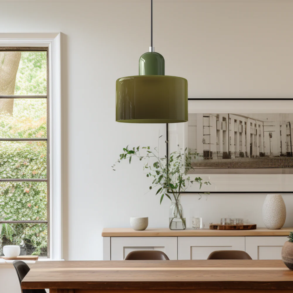 Tusa – Lampada a sospensione retro con cupola di vetro arancione e parte superiore verde