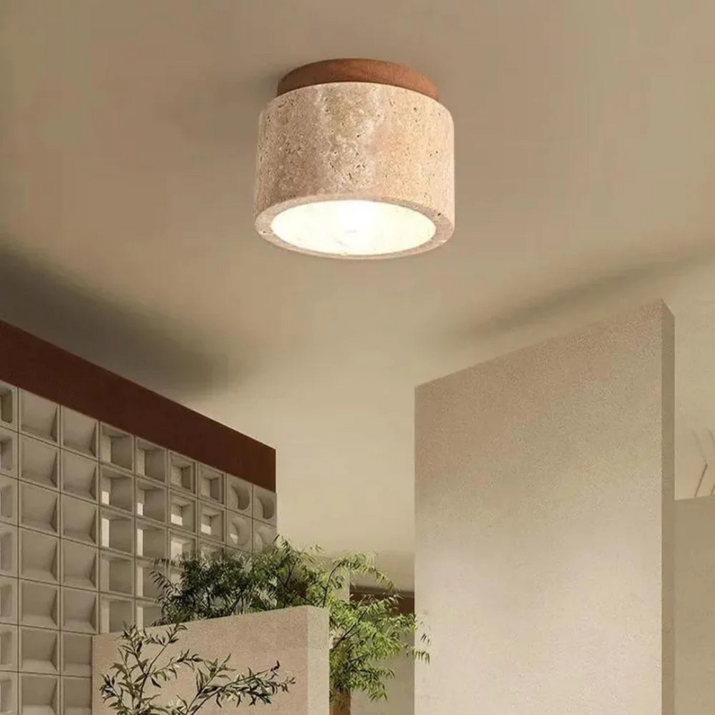 Radia - Lampada da Soffitto Cilindrica in Travertino con Accento in Legno