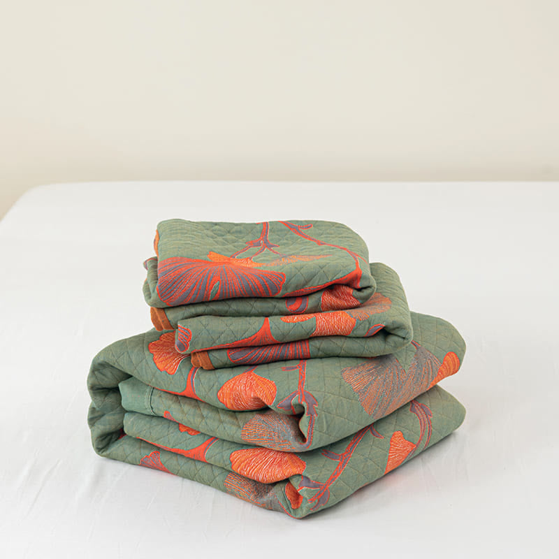 Talune | Coperta in Cotone Biologico con Design Jacquard Traspirante a 3 Strati a Foglia di Ginkgo