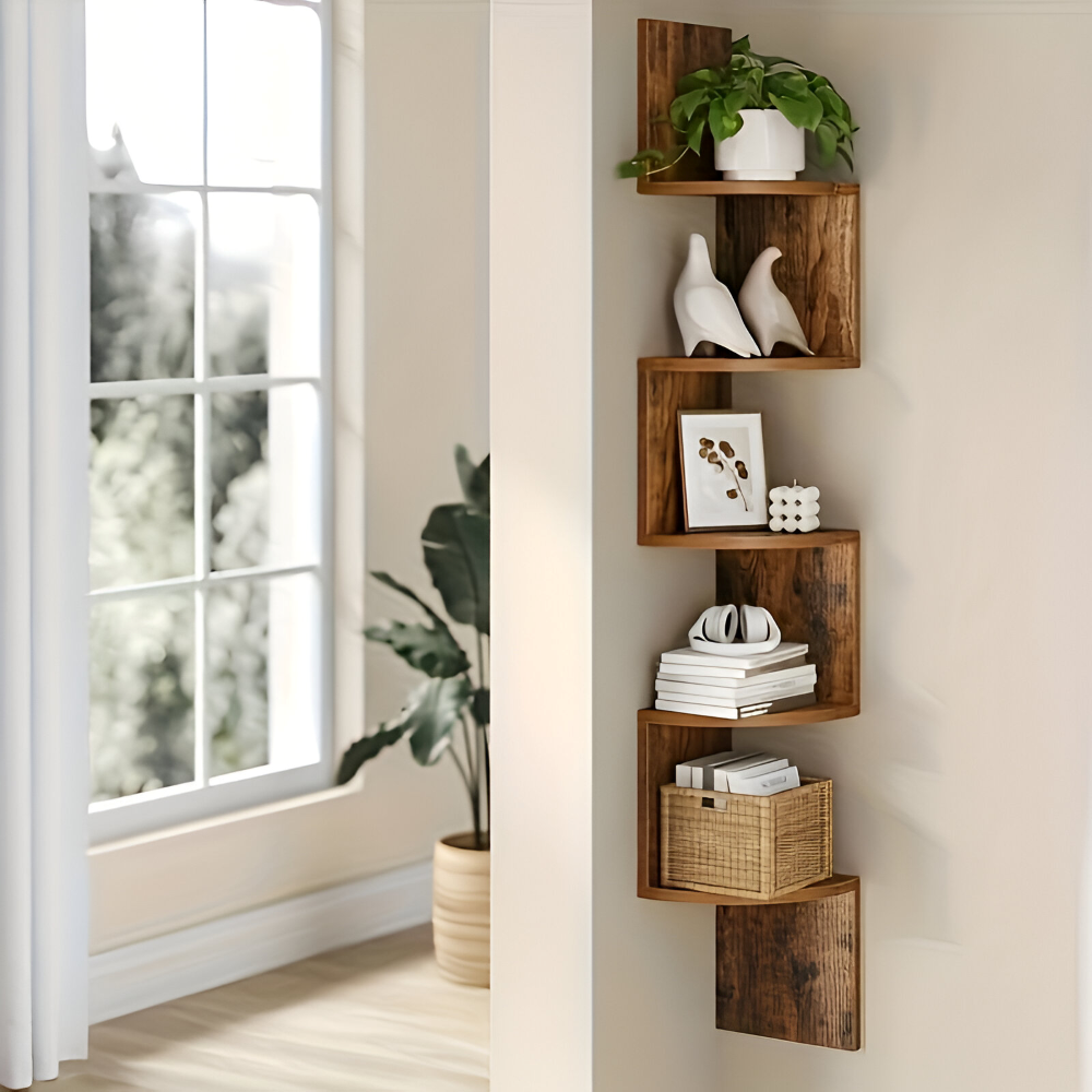 CornerRise – Elegante Mensola Angolare a 5 Ripiani in Legno Rustico