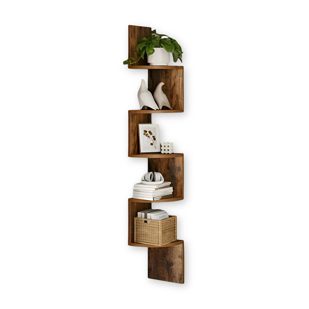 CornerRise – Elegante Mensola Angolare a 5 Ripiani in Legno Rustico