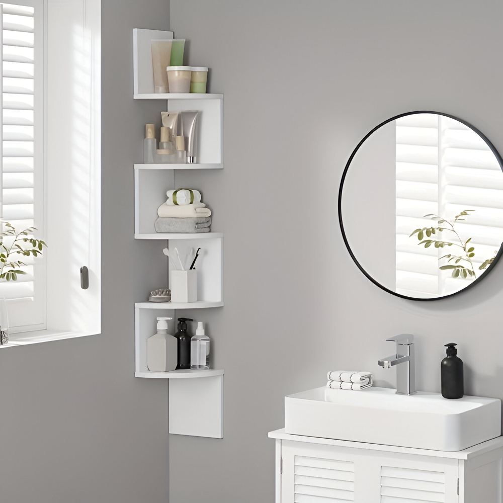 CornerRise – Elegante Mensola Angolare a 5 Ripiani in Legno Rustico
