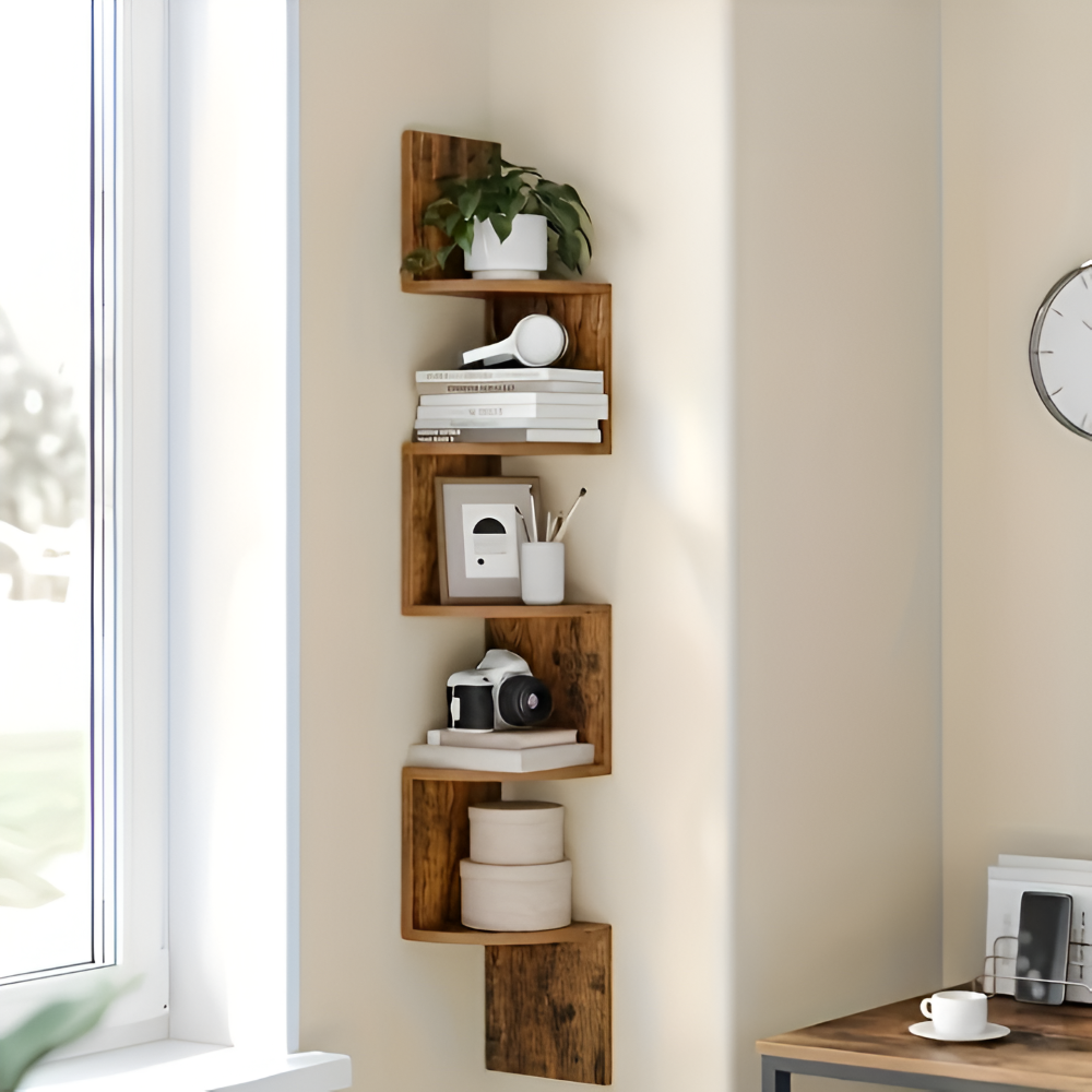 CornerRise – Elegante Mensola Angolare a 5 Ripiani in Legno Rustico