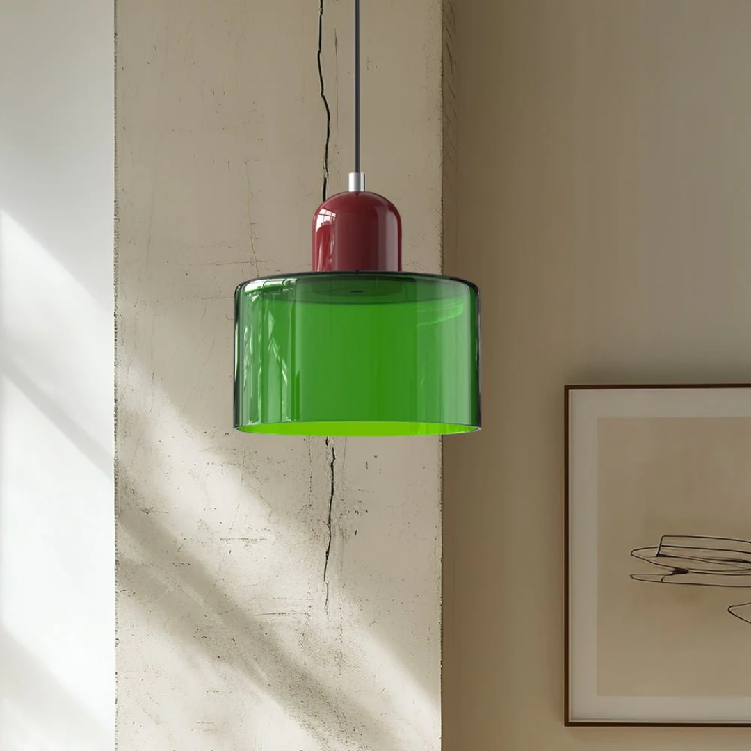 Tusa – Lampada a sospensione retro con cupola di vetro arancione e parte superiore verde