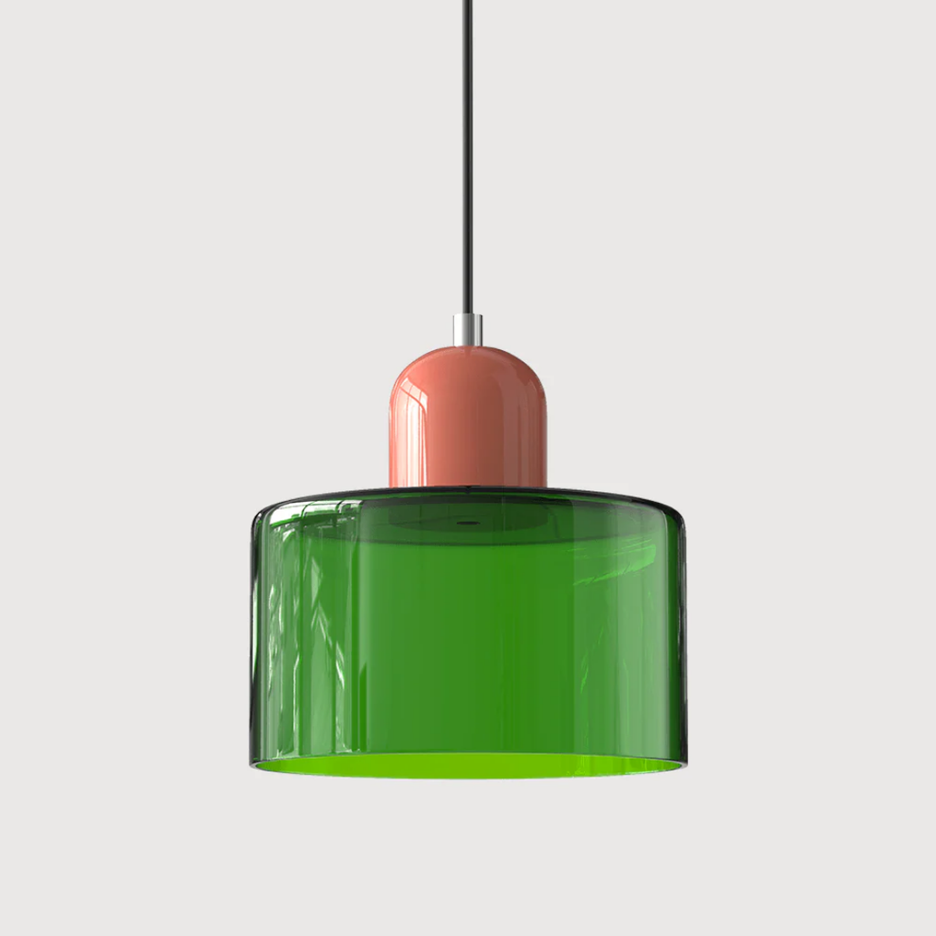 Tusa – Lampada a sospensione retro con cupola di vetro arancione e parte superiore verde