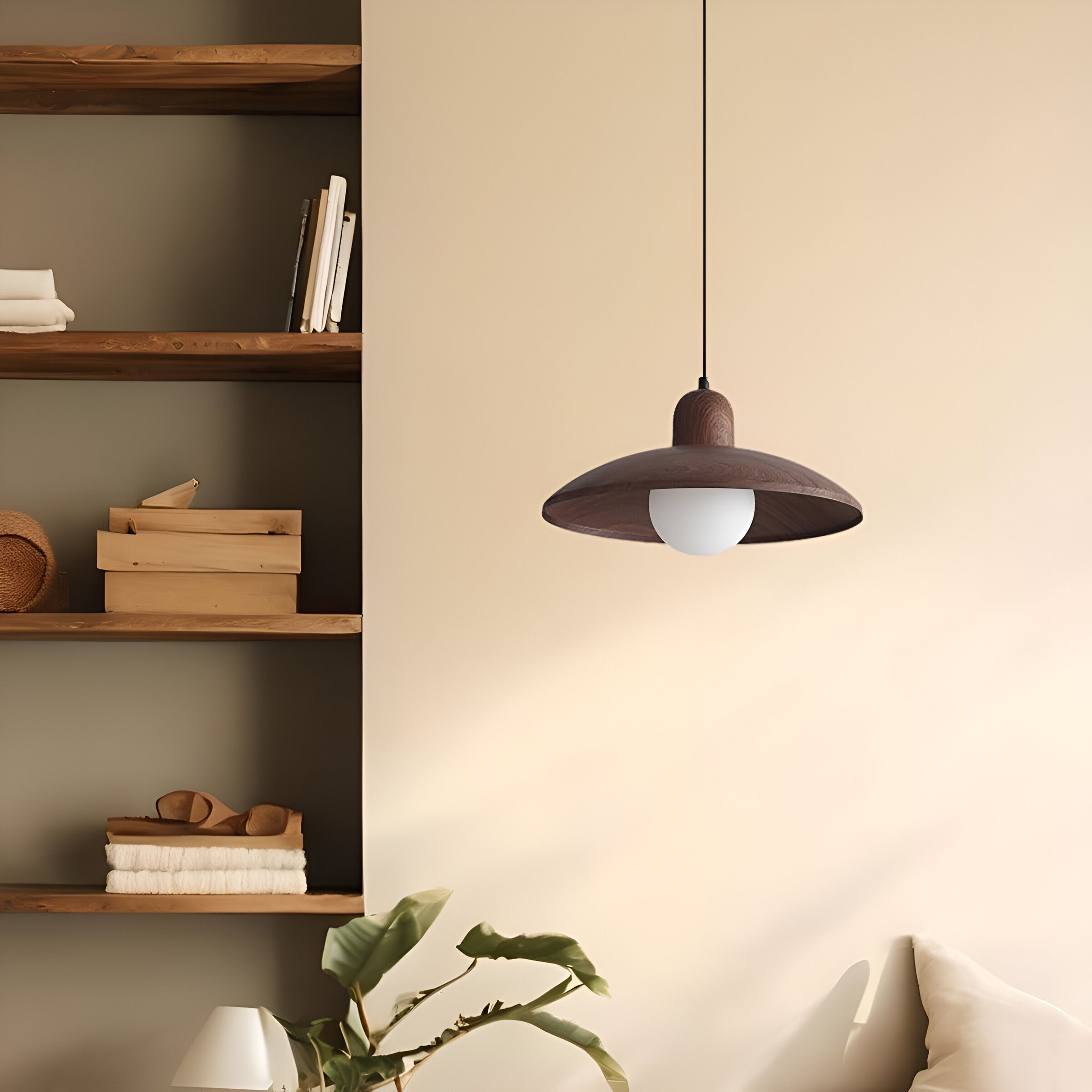 Nisellea | Lampada a sospensione Wabi-Sabi Japandi con finitura in noce e luce calda