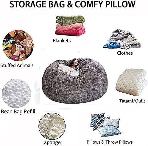 Copertura per Sacco di Fagioli in Pelliccia Sintetica Fluffy da 5ft – Divano Lounge Ultra-Morbido (Solo Copertura)