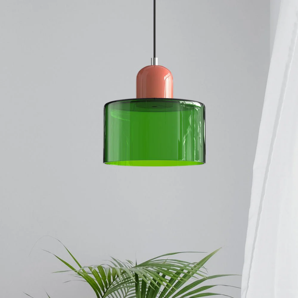 Tusa – Lampada a sospensione retro con cupola di vetro arancione e parte superiore verde