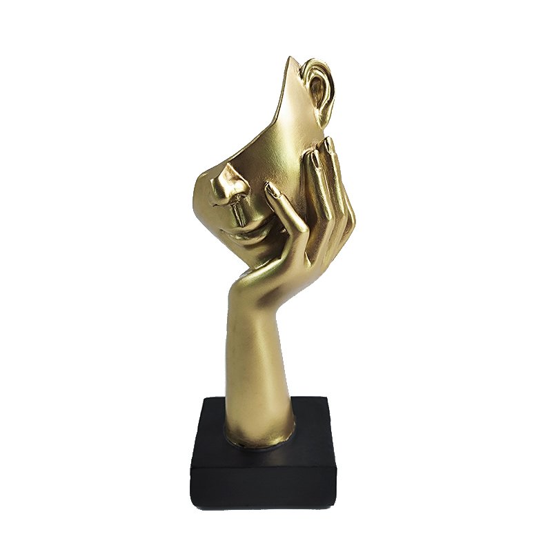 Scultura In Bronzo Di Faccia E Mano In Poliresina Su Base