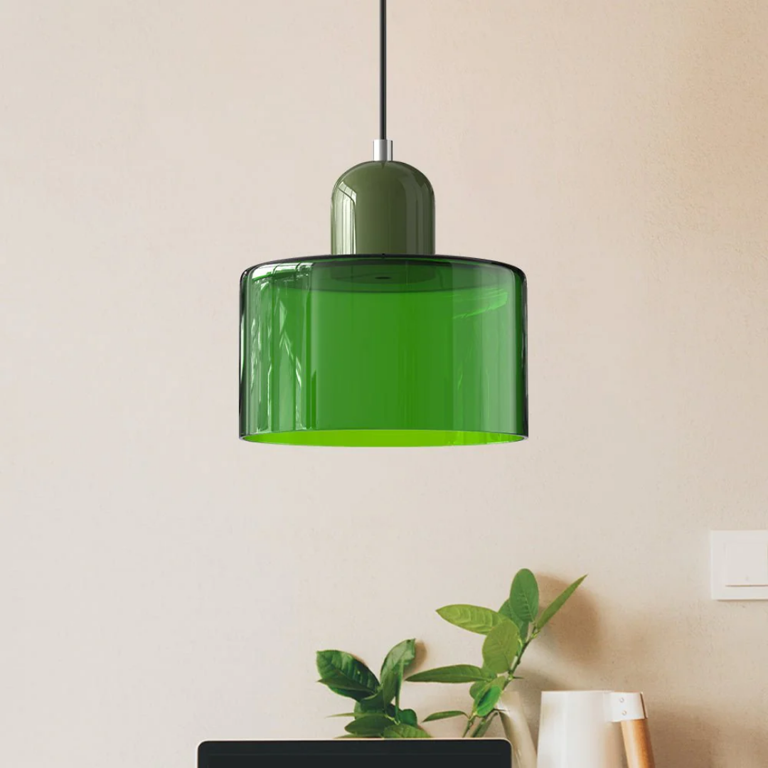 Tusa – Lampada a sospensione retro con cupola di vetro arancione e parte superiore verde