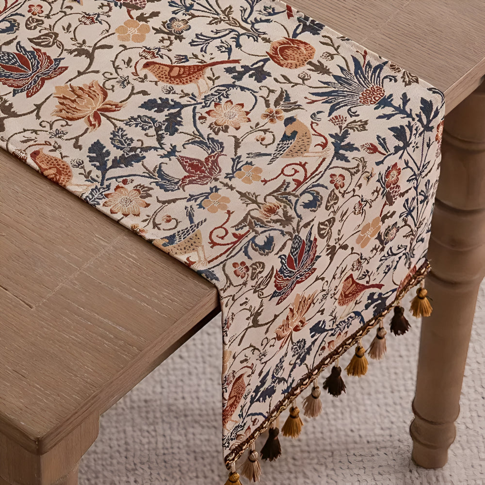 Runner da Tavola Jacquard Vintage con Fiori e Uccelli