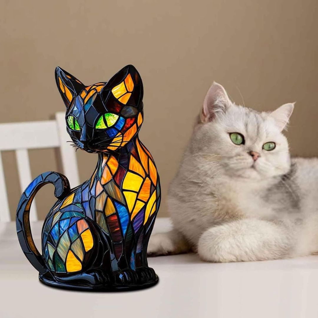 Lampada decorativa a forma di gatto con design a mosaico e luce ambiente calda – Decorazione d'interni elegante