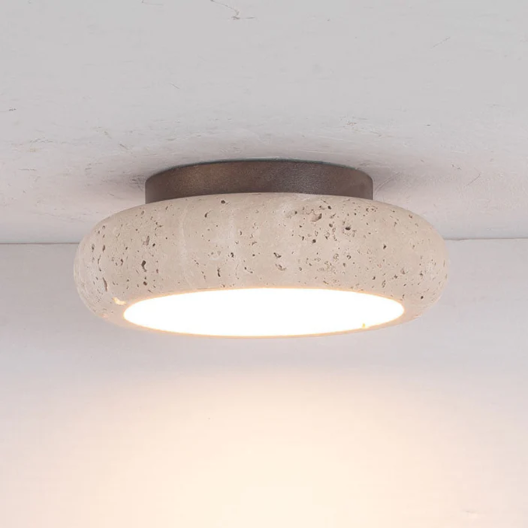 Rava - Lampada da soffitto retro in travertino con accenti in legno