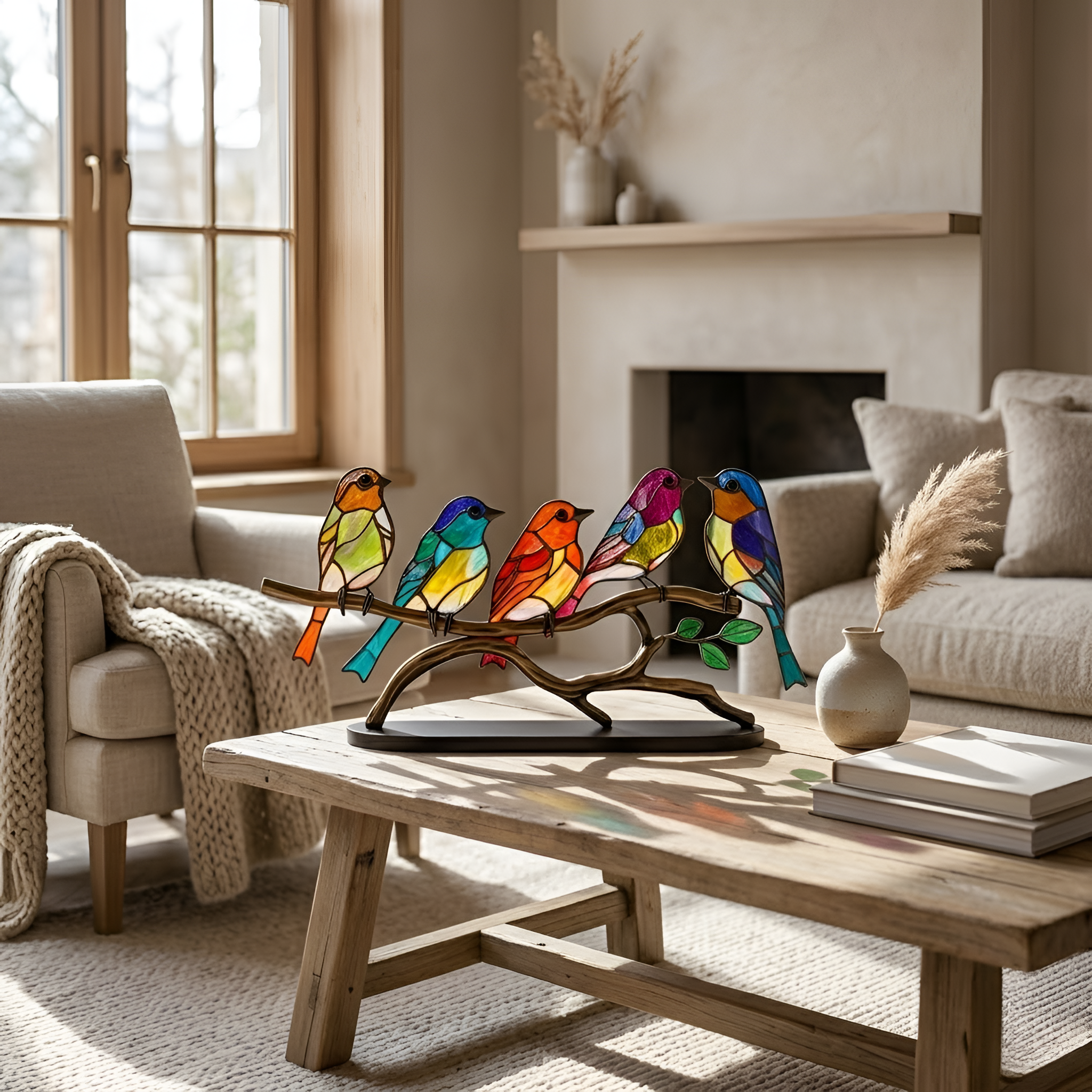 Gabriel - Decorazione colorata in acrilico con ramoscello e uccellino