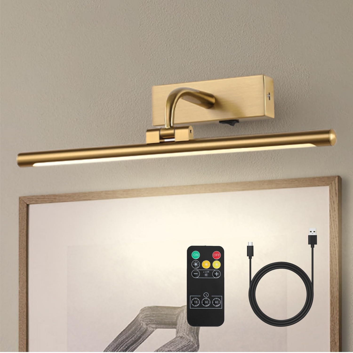 Illuminazione a batteria per quadri con telecomando e timer, luci galleria wireless in ottone 3Cct luci d'arte ricaricabili