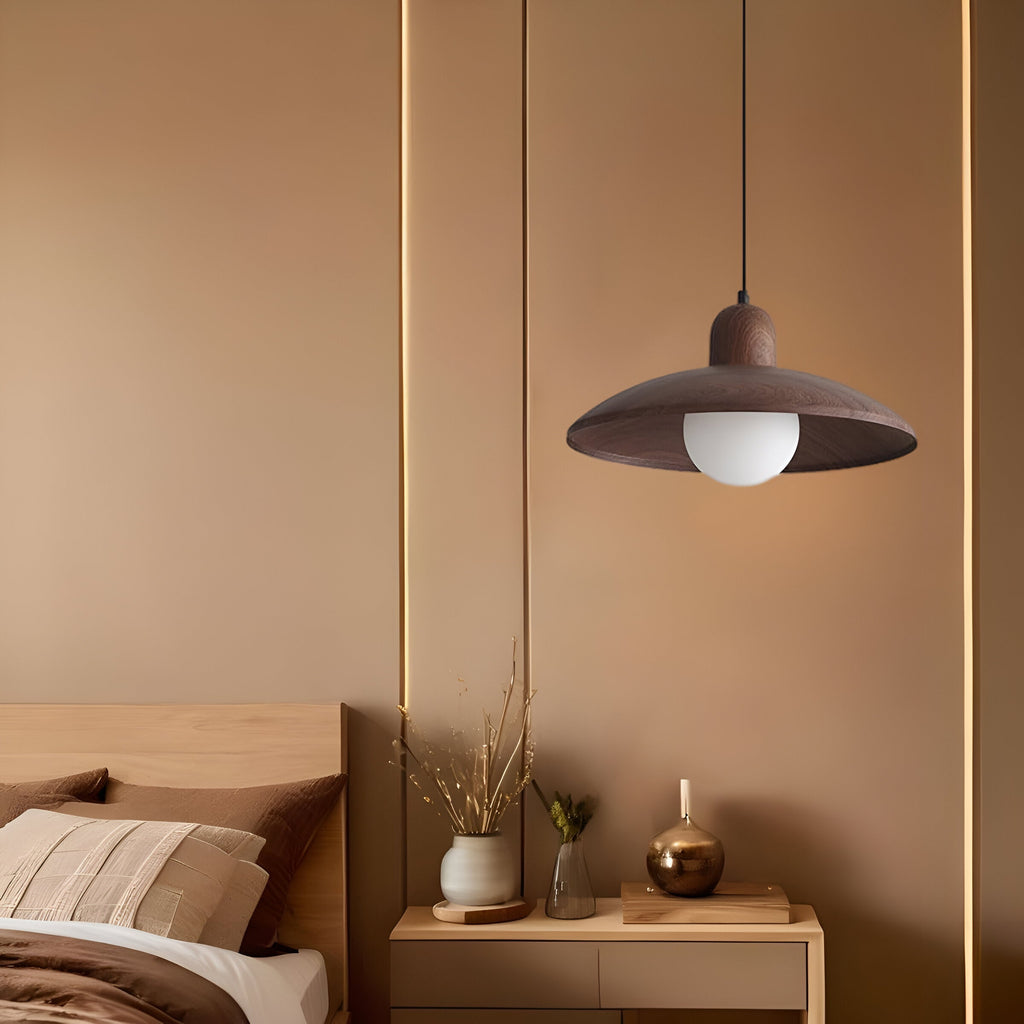 Nisellea | Lampada a sospensione Wabi-Sabi Japandi con finitura in noce e luce calda