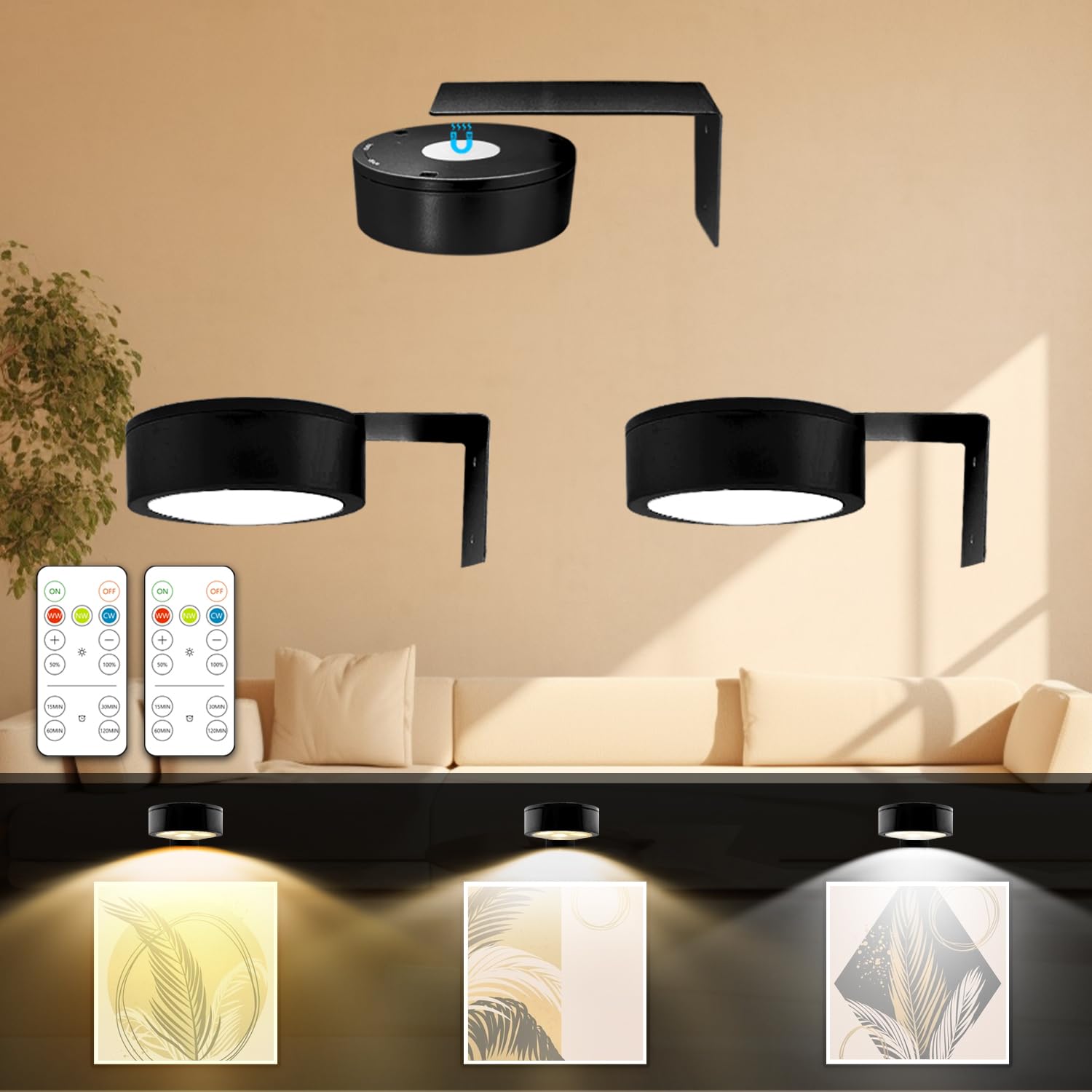 Arixinks 3Pack Illuminazione per Quadri a Batteria con Telecomando, Illuminazione per Arte con 3 Colori di Luce & Dimmerabile, Esposizione Artistica a LED