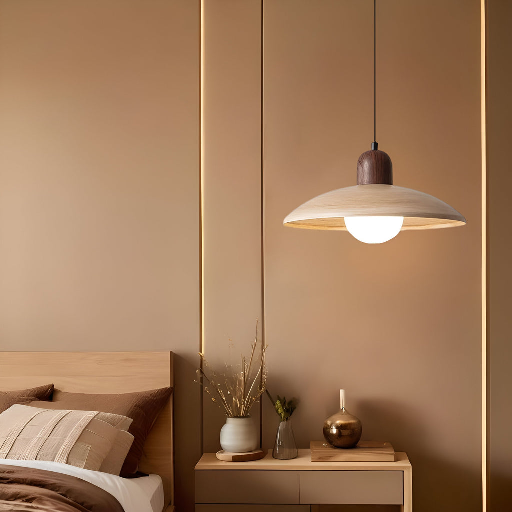 Nisellea | Lampada a sospensione Wabi-Sabi Japandi con finitura in noce e luce calda