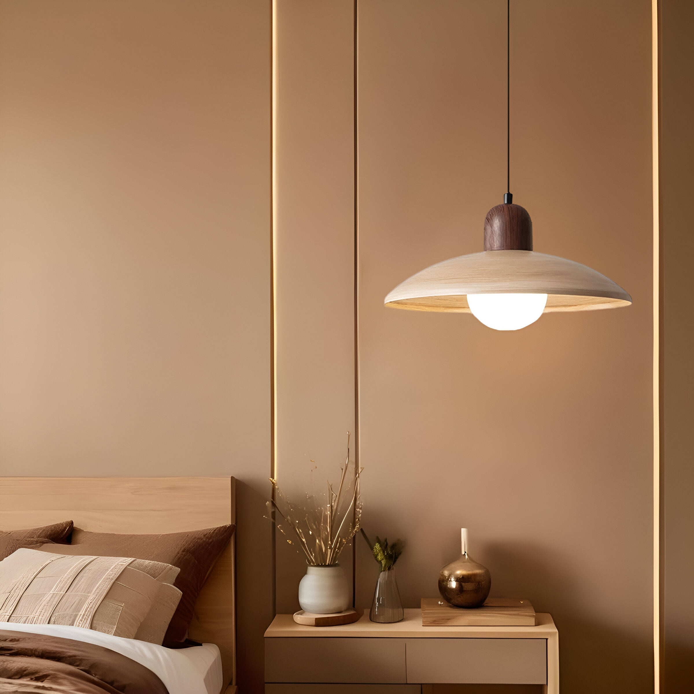 Nisellea | Lampada a sospensione Wabi-Sabi Japandi con finitura in noce e luce calda