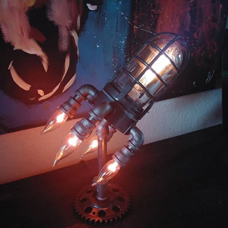 Lampada da Tavolo Steampunk a Razzo con Luce Fiamma