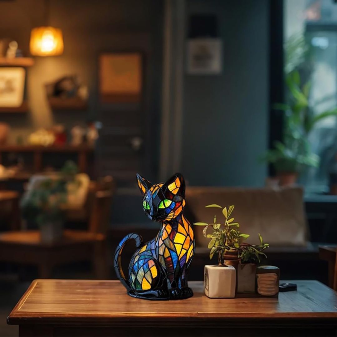 Lampada decorativa a forma di gatto con design a mosaico e luce ambiente calda – Decorazione d'interni elegante