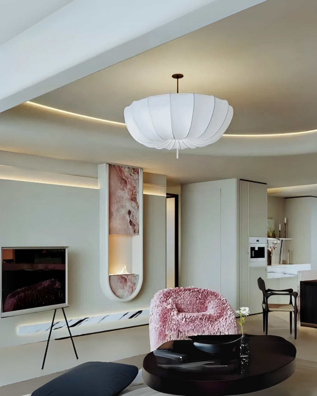 Velara | Lampada a Sospensione in Tessuto Contemporanea con Design Sculpturale a Nuvola e Illuminazione Ambientale Calda