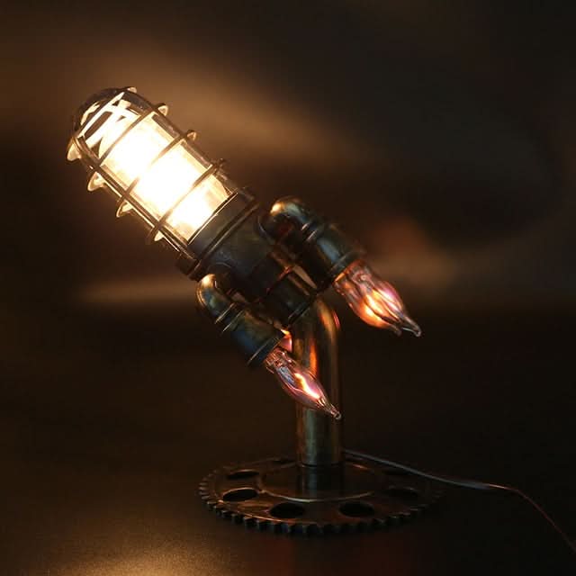 Lampada da Tavolo Steampunk a Razzo con Luce Fiamma
