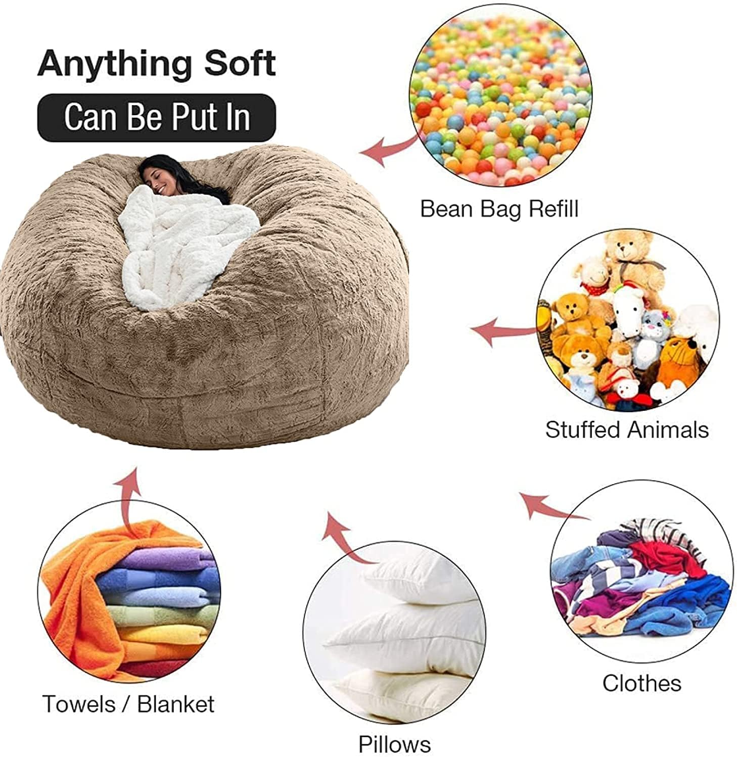 Copertura per Sacco di Fagioli in Pelliccia Sintetica Fluffy da 5ft – Divano Lounge Ultra-Morbido (Solo Copertura)