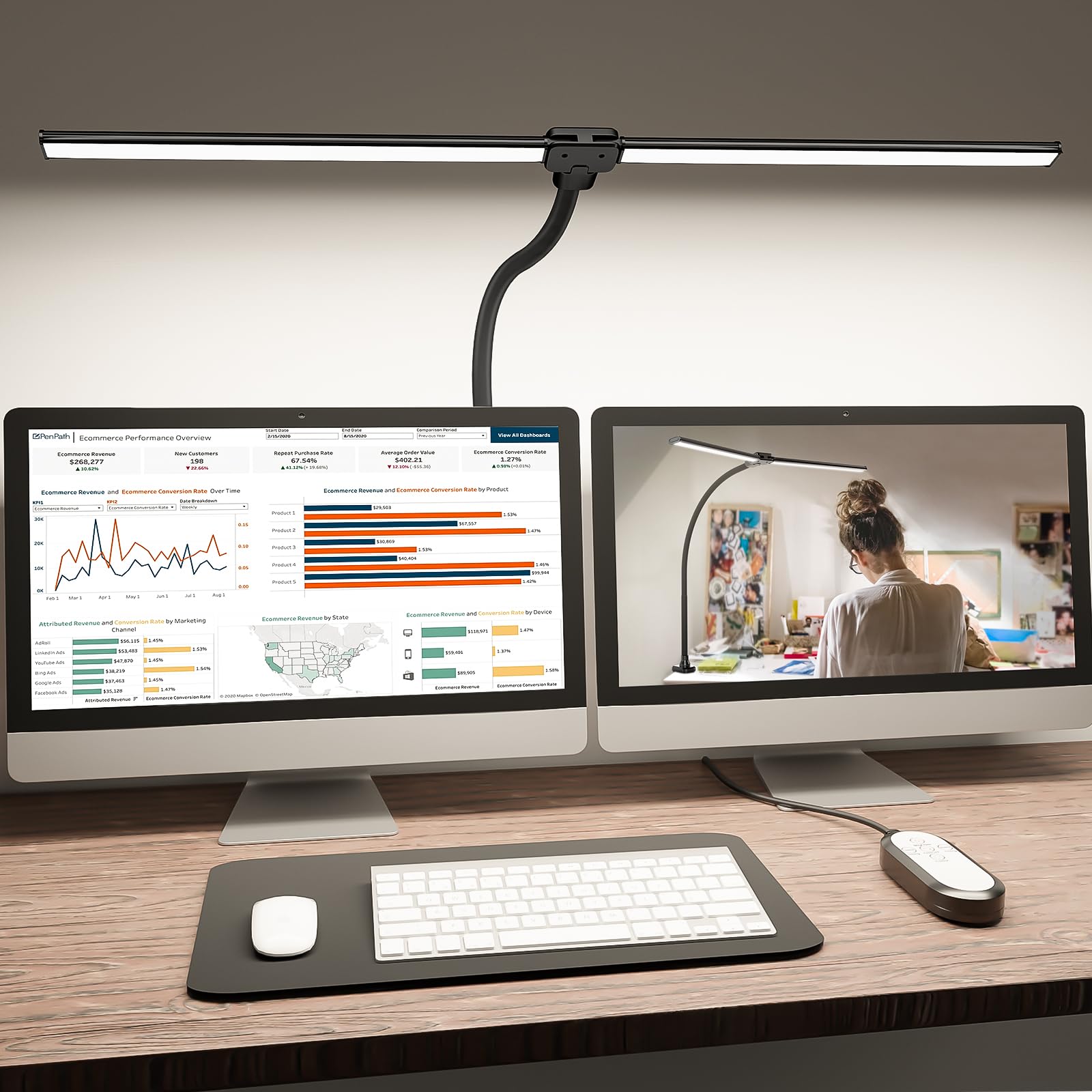 Lampada da scrivania Led Shinetech per ufficio domestico, 4000k Bianco Neutro, Lampade da lavoro con doppia testa, Regolabile Dimmerabile